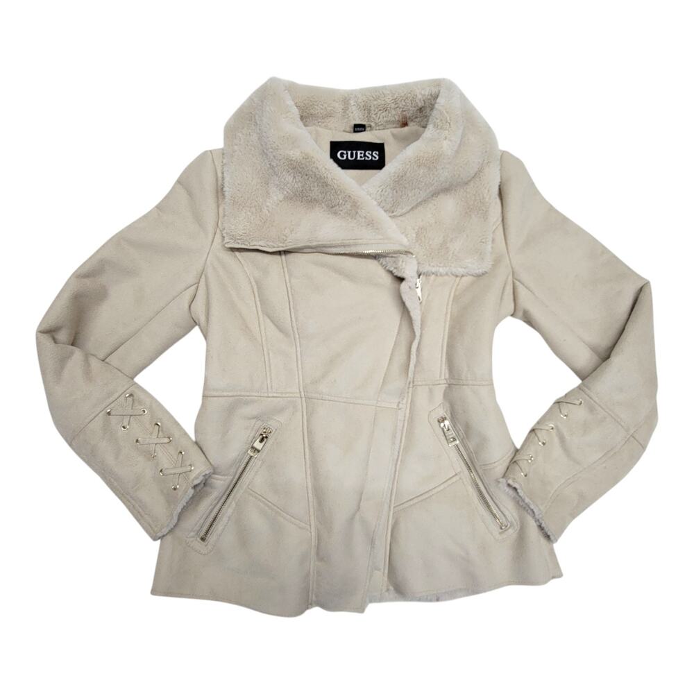 GUESS Womens Faux Shearling Lined Moto Jacket Medium Beige Asymmetric Zip